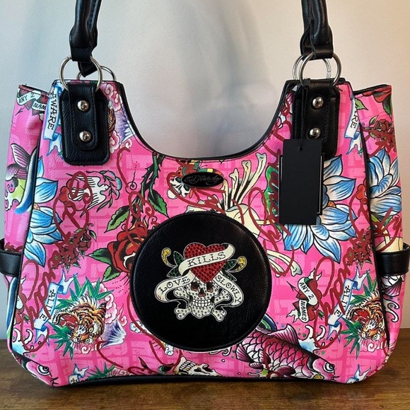 NWT Large Ed Hardy Pink Graphic Tote Bag - Picture 1 of 3